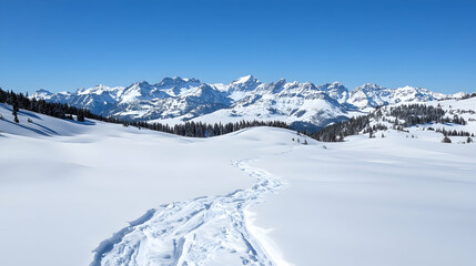 Snowshoe trail across snowy mountain valley, clear blue sky, distant peaks, winter wonderland scenery