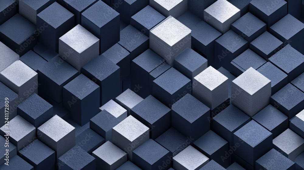 Poster abstract isometric cubes in shades of gray and navy create a textured, three dimensional pattern, wi