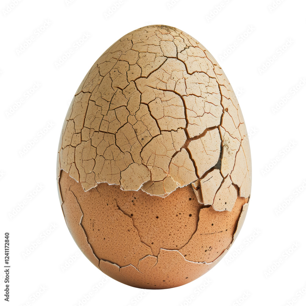 Poster cracked egg with textured shell, symbolizing new beginnings and potential. unique patterns and color