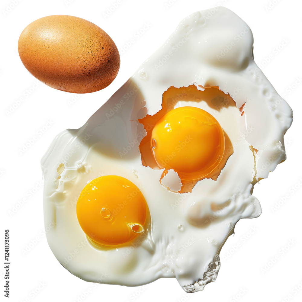 Poster fresh eggs on transparency background, featuring broken egg with two yolks and one whole egg. perfec
