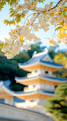 Spring blossoms frame pagoda, peaceful temple garden.  Perfect for travel brochures