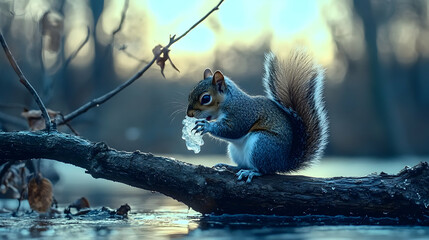 Obraz premium Squirrel eating ice on winter branch near frozen lake, sunset background; nature wildlife image
