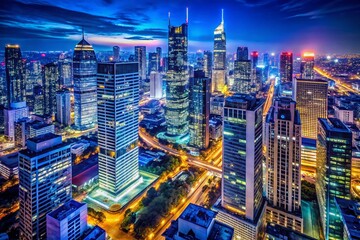 Fototapeta premium Night Cityscape Photography: Illuminated Buildings and Streets, Dramatic Lighting, Urban Scene, Night Photography