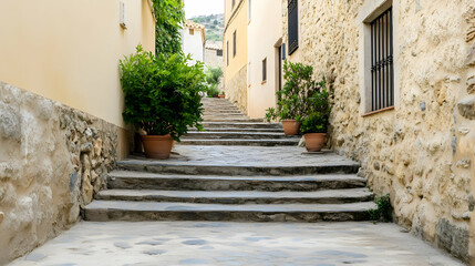 Obraz premium Stone staircase in a Mediterranean village, plants in pots, background buildings. Ideal for travel brochures