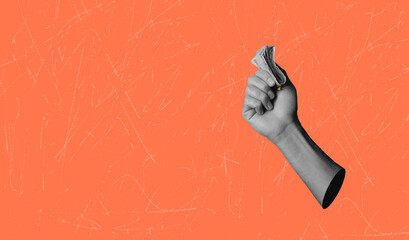 Modern art collage, hand holding a stack of money. Financial development and income increase.	There is a place for copy space