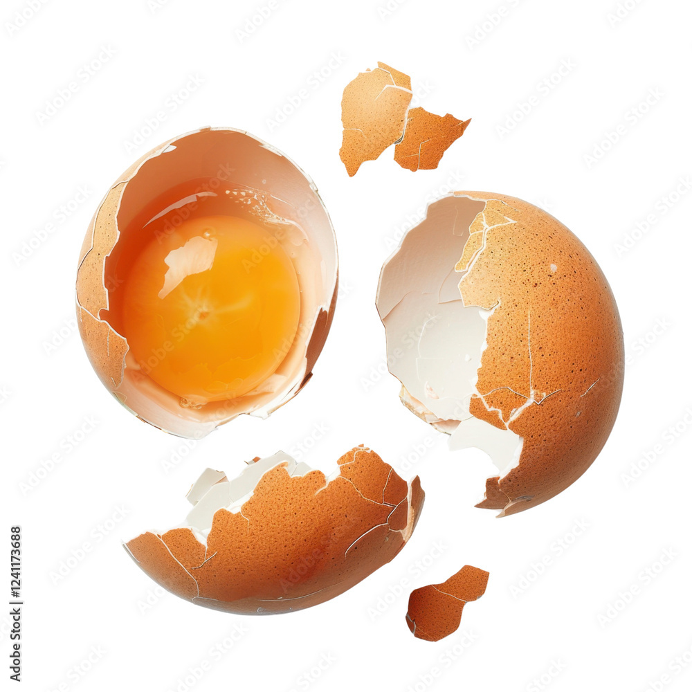 Poster broken eggshell with yolk visible inside, showcasing freshness and fragility. perfect for culinary t