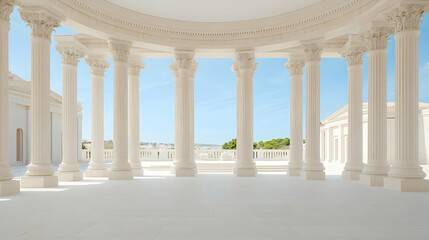 Naklejka premium Sunlit classical rotunda with columns overlooking a cityscape. Ideal for architecture, travel, or luxury brochures