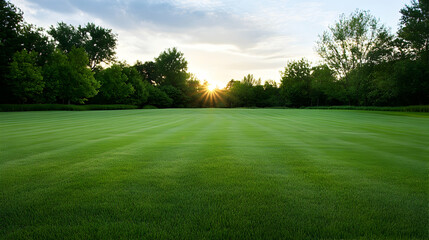 Naklejka premium Sun setting over lush green lawn, trees background. Perfect for serene nature scenes, websites, or advertising