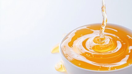 Golden liquid pouring into bowl, white background