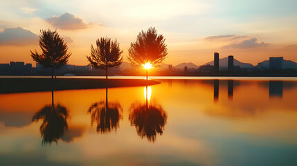 Obraz premium Sunset over city lake, trees silhouette reflected in calm water, urban skyline background; ideal for travel, nature, serenity themes