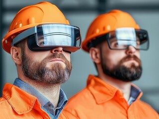 Employees wearing AR glasses for collaborative digital product design, immersive teamwork