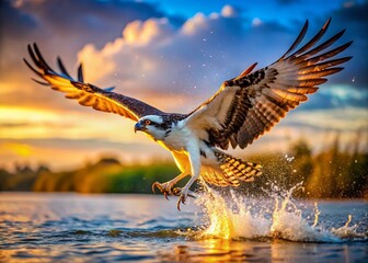 Panoramic Osprey in Flight Hunting Fish, Dramatic Wildlife Scene