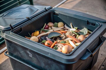 An open compost container with peels and fruit and vegetable clippings. Organic waste in a garden composter. Eco-friendly gardening, sustainability, ecology.