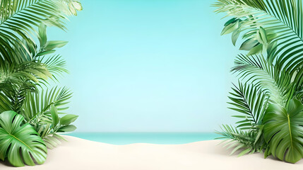 Fototapeta premium Tropical beach scene with palm leaves framing a clear ocean view; perfect for summer travel promotions