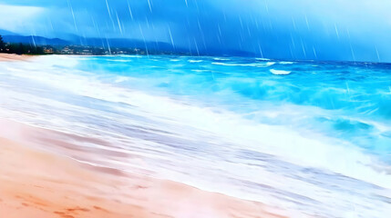 Tropical beach rain storm ocean waves sandy shore background travel