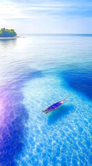 Tropical boat on calm ocean, island background, peaceful seascape, travel postcard