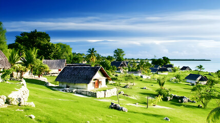 Tropical village coastal landscape, thatched huts, green hills, ocean view, tourism