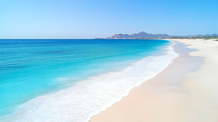 Fototapeta premium Turquoise ocean waves lapping a pristine beach; mountains in background; ideal for travel brochures