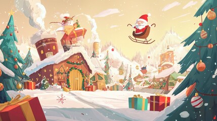 Pixelated Winter Village Scene Featuring Holiday Cheerfulness Illustrations and Character Design. Seasonal Decorations and Holiday Themes. Cozy Atmosphere And Vivid Color Palette Illustration