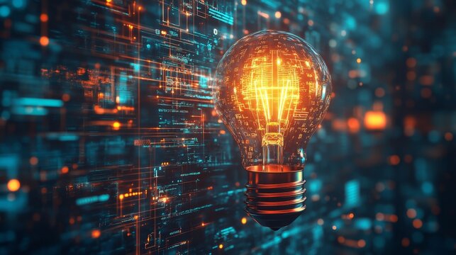 A close-up of a glowing lightbulb symbolizing innovation, floating digital interface elements representing AI, data analysis, and technology, deep blue cyberpunk aesthetics, ultra-detailed 4K