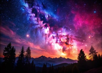 Naklejka premium Night Sky Starry Pink Galaxy Astrophotography Landscape
