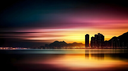 Vibrant sunset over coastal city skyline, tranquil water reflection, mountains in background. Ideal for travel brochure
