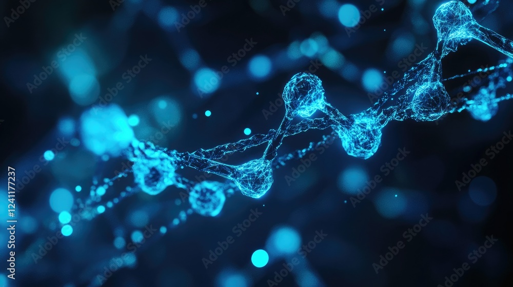 Poster blue molecular structure with particle effects in abstract background