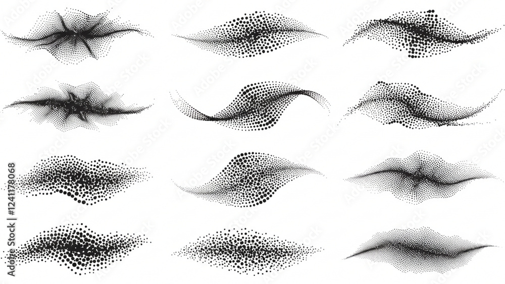 Poster an assortment of halftone waves characterized by dotted patterns and abstract liquid shapes, exhibit