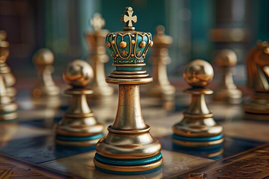 A golden chess king crowned with elegance, surrounded by pawns in a luxurious setting. Chess Tactics, Battle of Wits