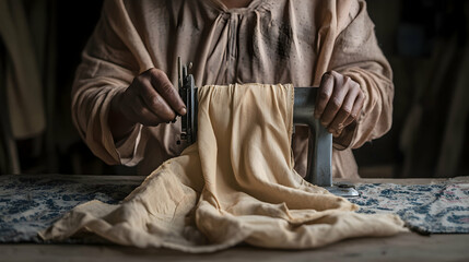 Woman hand-cranking fabric, vintage workshop, rustic setting, historical clothing production