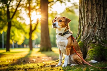 Obedient Dog Patiently Waiting Tied to Tree During Training Session in Park
