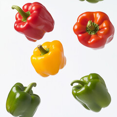 A set of vibrant red, yellow, and green bell peppers tossed in mid-air, isolated on a pure white background