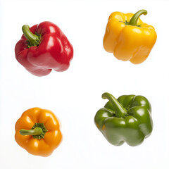 A set of vibrant red, yellow, and green bell peppers tossed in mid-air, isolated on a pure white background