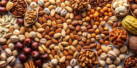 Obraz premium Panoramic View of Assorted Nuts on White Background - High-Resolution Stock Photo