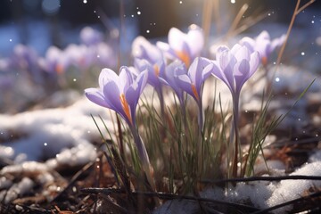 Wintery Forest with Crocus Creates Realistic Scene of Snowy Woods with Fresh Spring Flowers