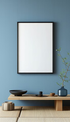 Elegant black japanese frame empty white canvas hanging on the wall, minimal mockup frame on blue clean wall, modern japanese interior, wall art presentation template, Picture frame