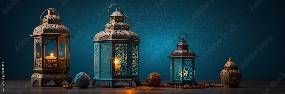 Aufkleber decorative lanterns casting warm light in a tranquil setting with patterns on the wall