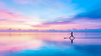 Woman practicing yoga paddleboarding at sunrise, ocean background, peaceful wellness scene