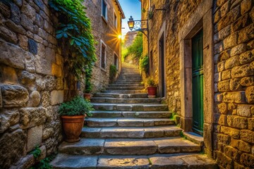 Obraz premium Old Stone Steps Alleyway - Cobblestone Path Architecture Background