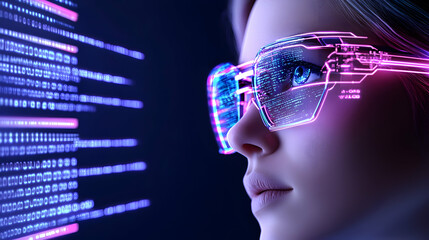 Woman wearing futuristic glasses views code, digital future background; tech concept