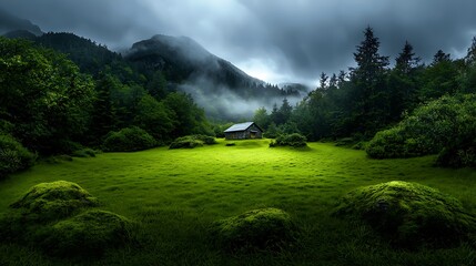 Secluded cabin in misty mountain valley, tranquil scene