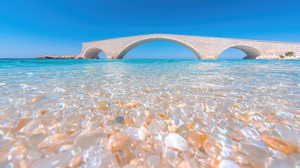 Coastal stone bridge, turquoise water, pebble beach, summer vacation