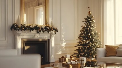 Elegant Christmas living room with decorated tree, fireplace, and gifts.