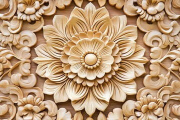 Intricate Wood Carving Floral Design with Detailed Petals and Leaves