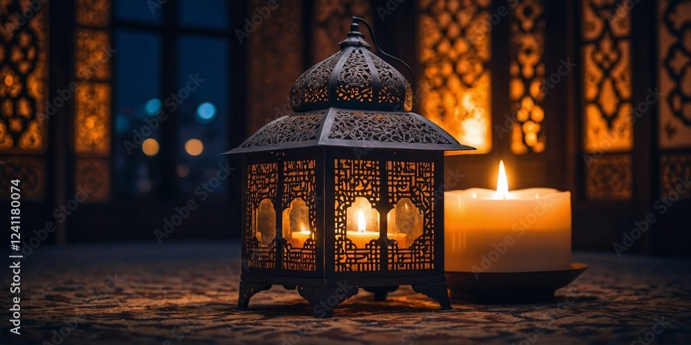Poster elegant lanterns and candles create a warm atmosphere in a cozy evening setting with intricate desig