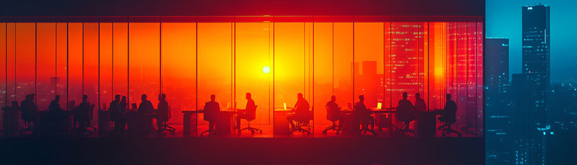 Sunset Cityscape, Professionals Working Late, Dedicated Team, Achieving Goals, Collaboratively, Efficiently