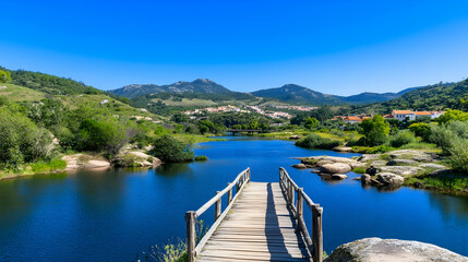 Obraz premium Wooden bridge over calm river, village backdrop, sunny day, peaceful landscape, travel photography