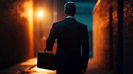 Businessman in a dark alley exchanging a briefcase of money, symbolizing corruption and illegal corporate deals