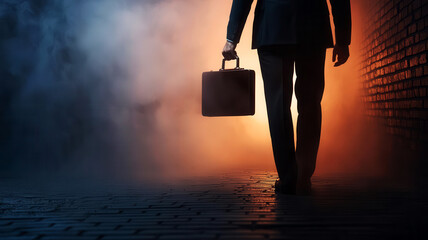 Businessman in a dark alley exchanging a briefcase of money, symbolizing corruption and illegal corporate deals