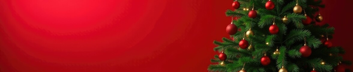 Obraz premium A large evergreen tree with ornaments and lights against a warm red wall, wall, ornaments, decor